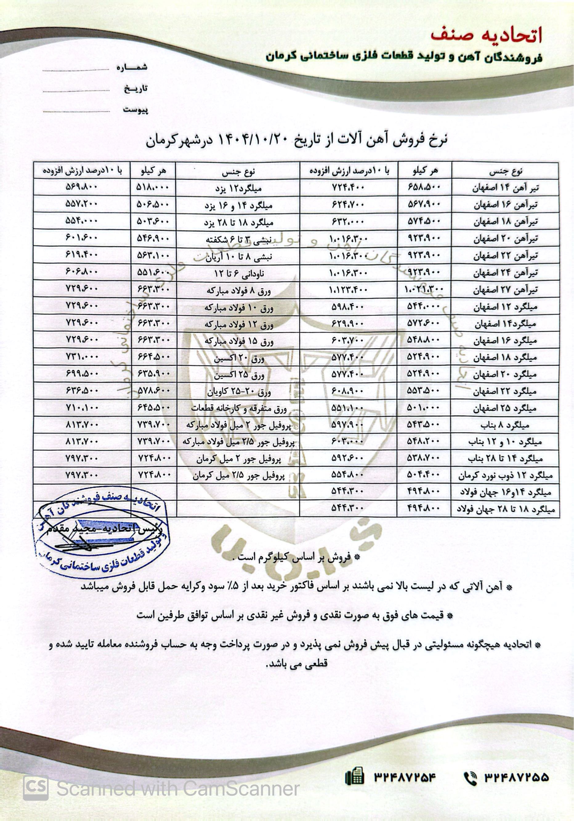 نرخنامه مورخه1404/10/20